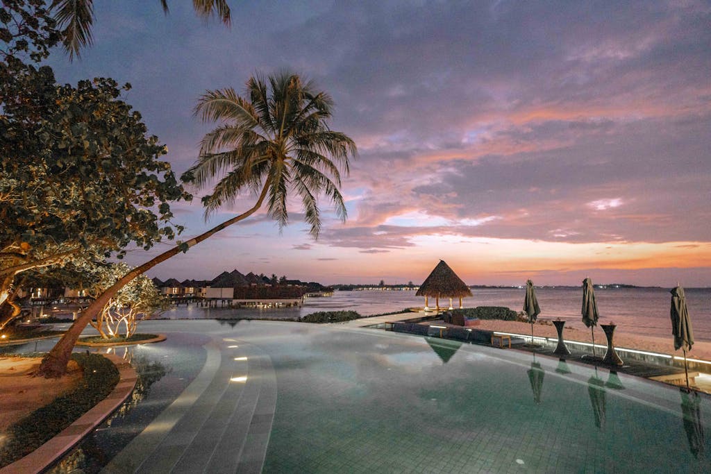 Elegant beach resort with palm trees and infinity pool at sunset, perfect for a romantic getaway.